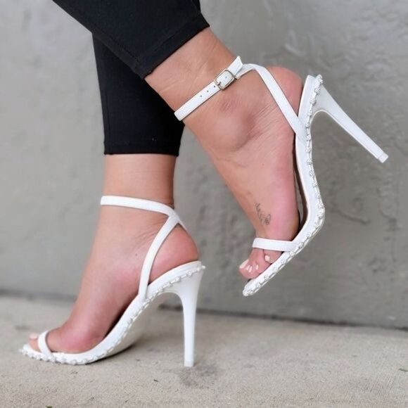 Women's White Rhinestone Lined High Heels - Picture 1 of 5